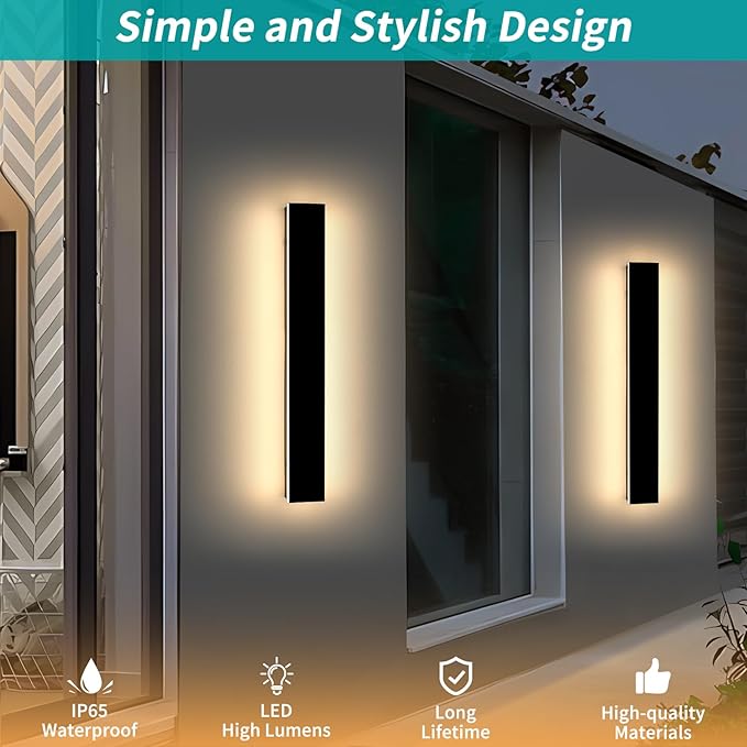 Mikeru 23.6inch Outdoor Wall Light Fixtures, 10%-100% Dimmable Black Exterior Wall Sconces, 3000k-6000k Acrylic Invisible Outdoor Lights for Porch Modern Exterior Wall Lights for House