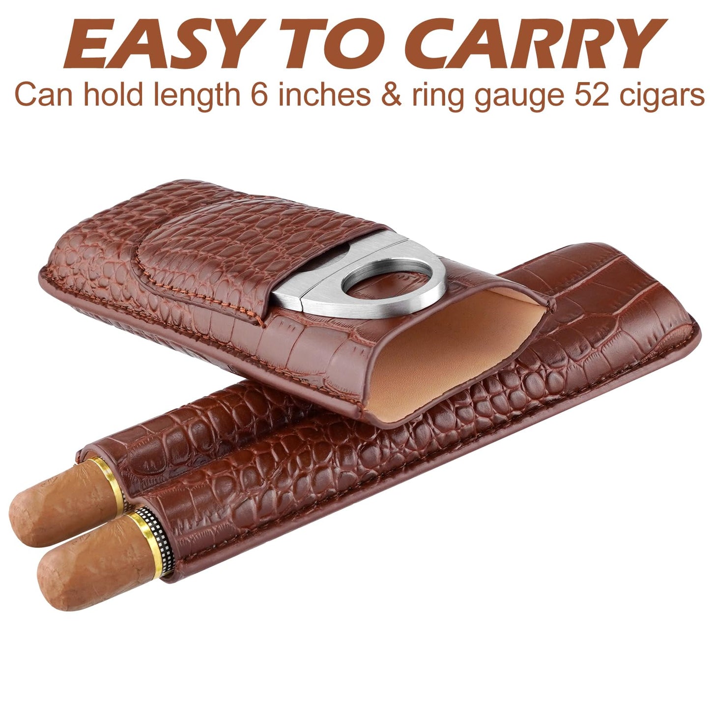 cgaplus 2-Finger Cigar Case with Cutter Crocodile Pattern Leather Cigar Humidor Case Portable Travel Cigar Case for Men(Brown)