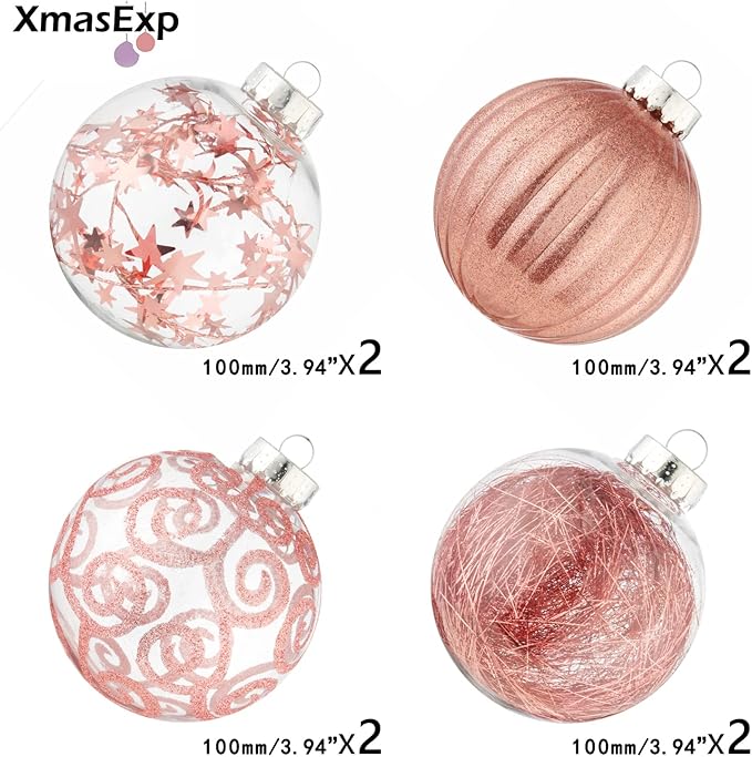 XmasExp 4ct Christmas Ball Ornaments Set -Large Clear Plastic Shatterproof Xmas Tree Ball Hanging Baubles Stuffed Delicate Glittering for Holiday Wedding Xmas Party Decoration (100mm/3.94",Rose Gold)