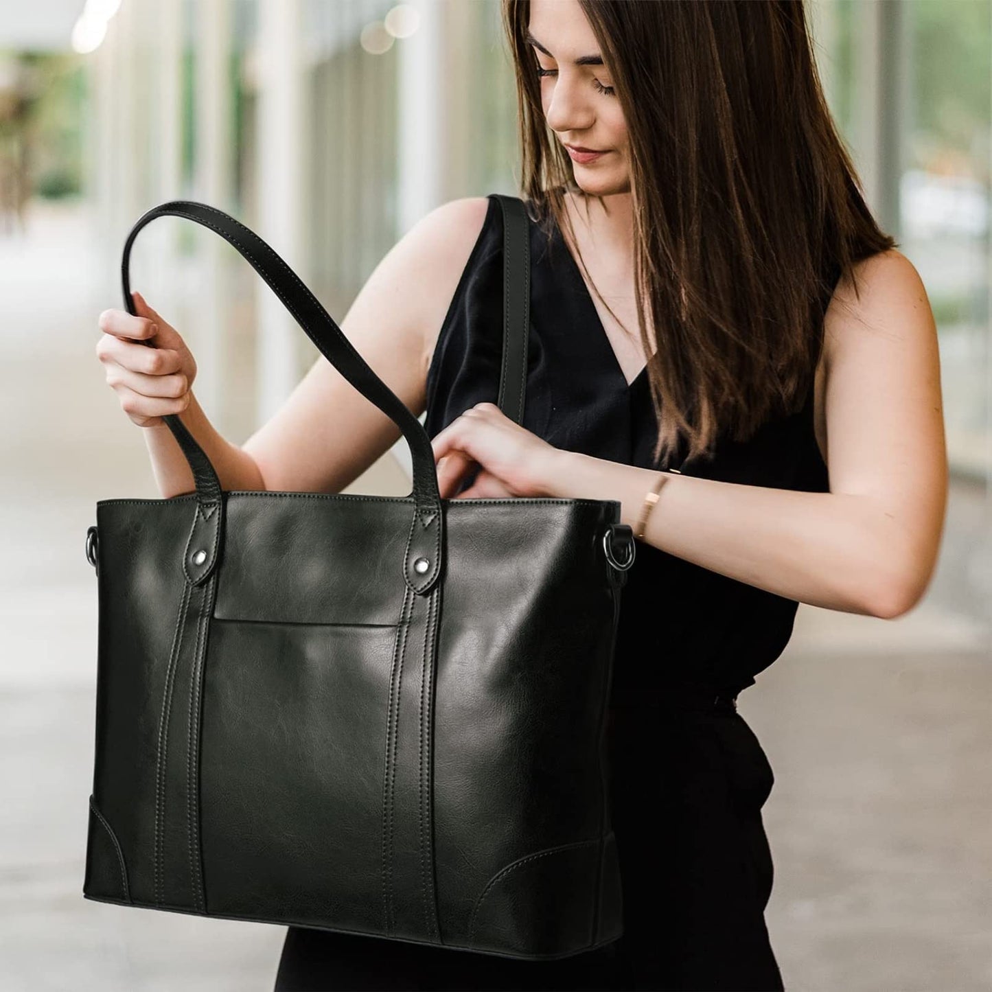 S-ZONE Leather Tote Bag for Women Office Shoulder Handbag 15.6 Inch Work Laptop Briefcase (Black)