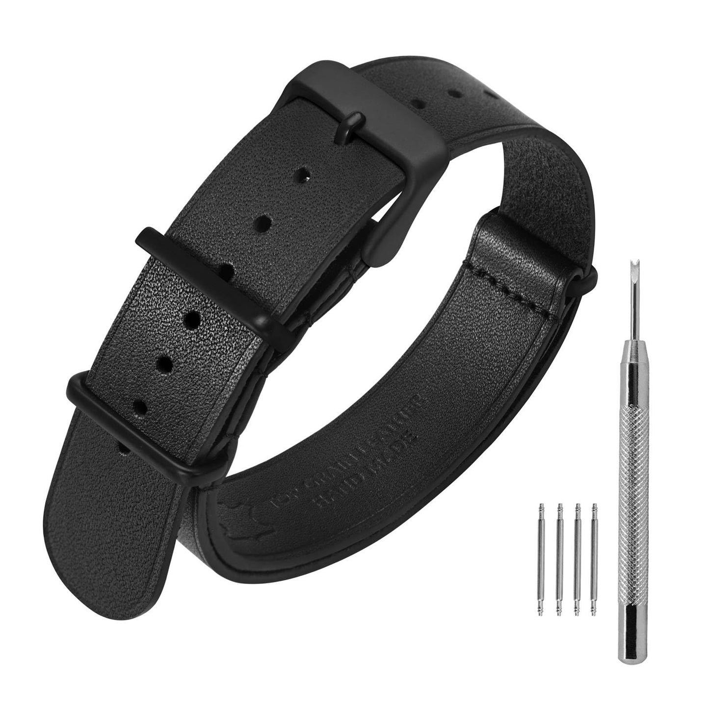 ANNEFIT Leather Watch Band 22mm, Genuine Calfskin One-Piece Military Watch Straps for Men and Women with Matte Black Buckle (Black)