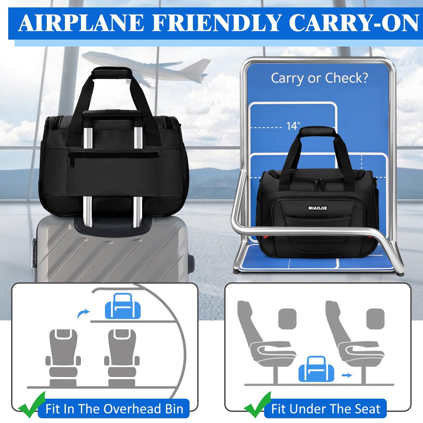 MIAOJIE Underseat Carry On luggage Bag Airplanes Personal Item Bags Weekender Overnight Travel Tote Bag Shoulder Small Softside Carry on Luggage Travel Duffel Bags For Men Women -16 IN Black