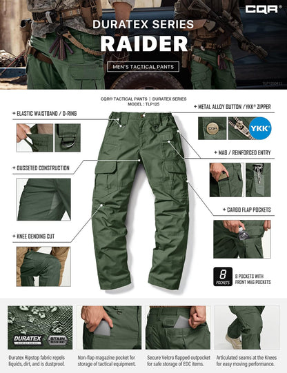 CQR Men's Tactical Pants, Water Resistant Ripstop Cargo Pants, Lightweight EDC Work Hiking Pants, Outdoor Apparel, Raider Mag Green Kelp, 38W x 34L