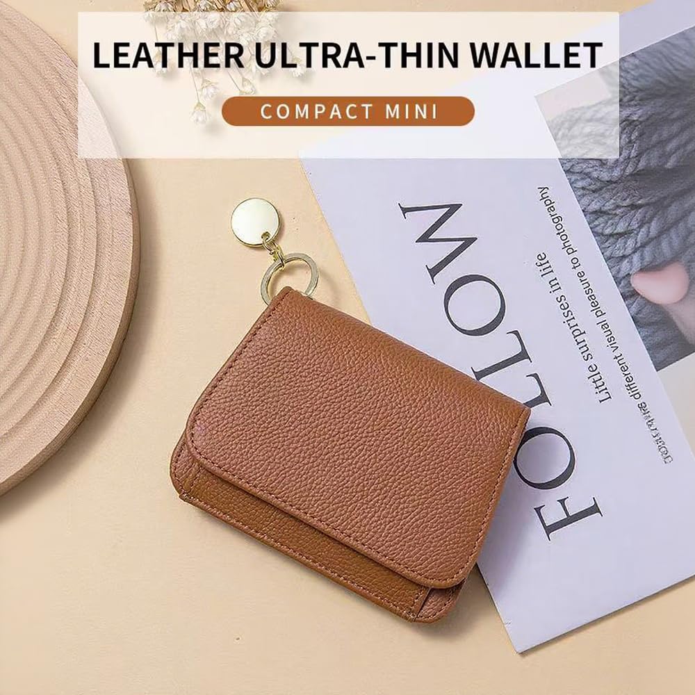 IDIDG Small Wallet for Women RFID Blocking Genuine Leather Slim Keychain Wallet Tri-Fold Card Case with Coin Pocket(Brown)