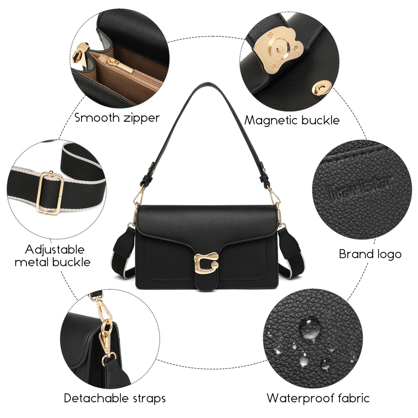 Travistar Small Crossbody Bags for Women - Leather Trendy Cross Body Purse Black Shoulder Bag Elegant Satchel Handbags Designer Evening Clutch Purses with 2 Straps Clutch Purses with 2 Straps