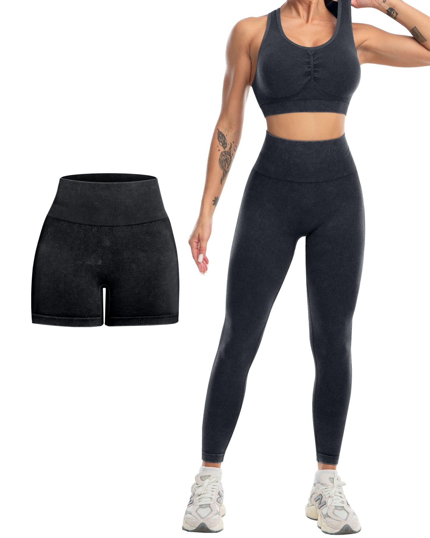SALSPOR 3 Piece Workout Sets for Women Butt Lifting Leggings with High Impact Sports Bra Gym Shorts Activewear Matching Set(3DWX-Washed Black-M)