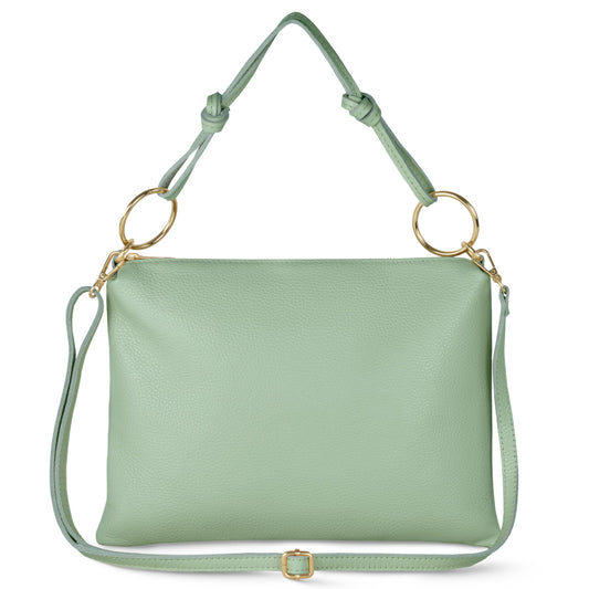 Italian Calf Leather Shoulder Bag for Women | Rectangular Handbag Purse with Zipper, Top-Handle & Crossbody Strap (Sage Green)