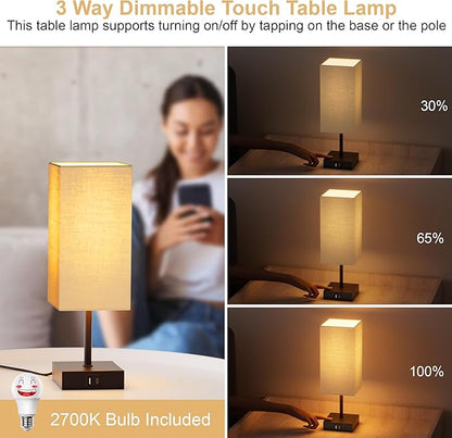 Sailstar Touch Bedside Lamp for Bedroom Set of 2, 3 Way Dimmable Table Lamp with USB C+A Charging Ports, Small Nightand Lamps for Bedroom Decor, Living Room, Home, LED Bulbs Included, Upgraded Beige