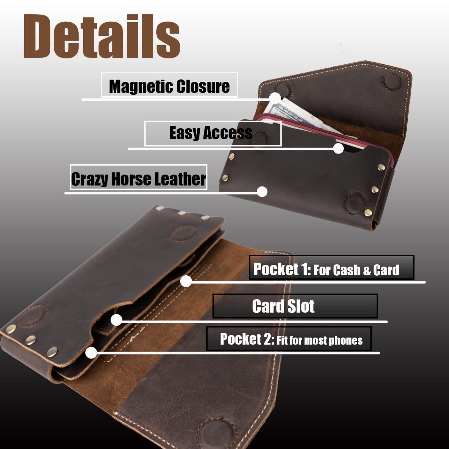 Topstache Leather Phone Holster - Leather Belt Pouch with Card Holder for Galaxy S25/S24 - Magnetic Closure Belt Loop Cell Phone Holder Pouch for iPhone 17/17 Pro/16/16 Pro, L,Darkbrown