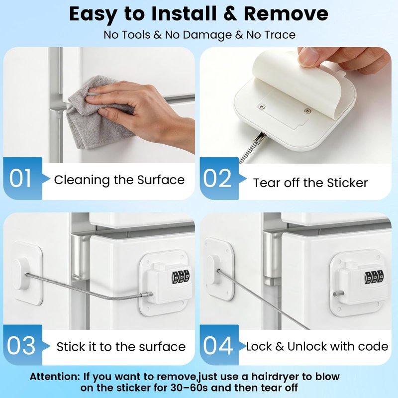 SUR-CIEL 1PC Fridge Lock with Code, Refrigerator Locks, Cabinet Locks Baby Proofing, Combination Lock for Refrigerator, Freezer, Closets, Cabinets, Drawers, Doors and Windows, NO Drilling