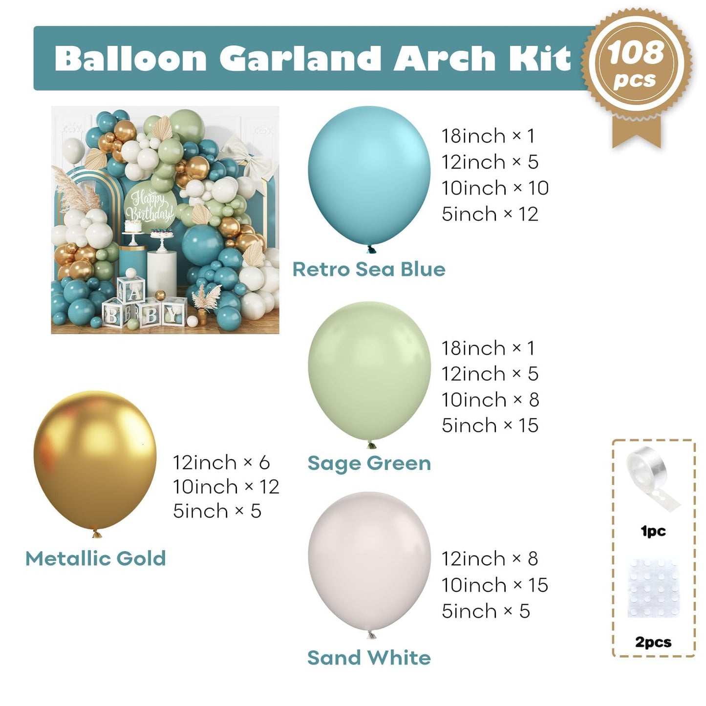 Blue and Green Balloon Arch Kit, 108 Pcs Dusty Balloon Garland With Retro Sea Sage Sand White Metallic Gold Balloons for Boho Wedding Baby Shower Birthday Party Decorations