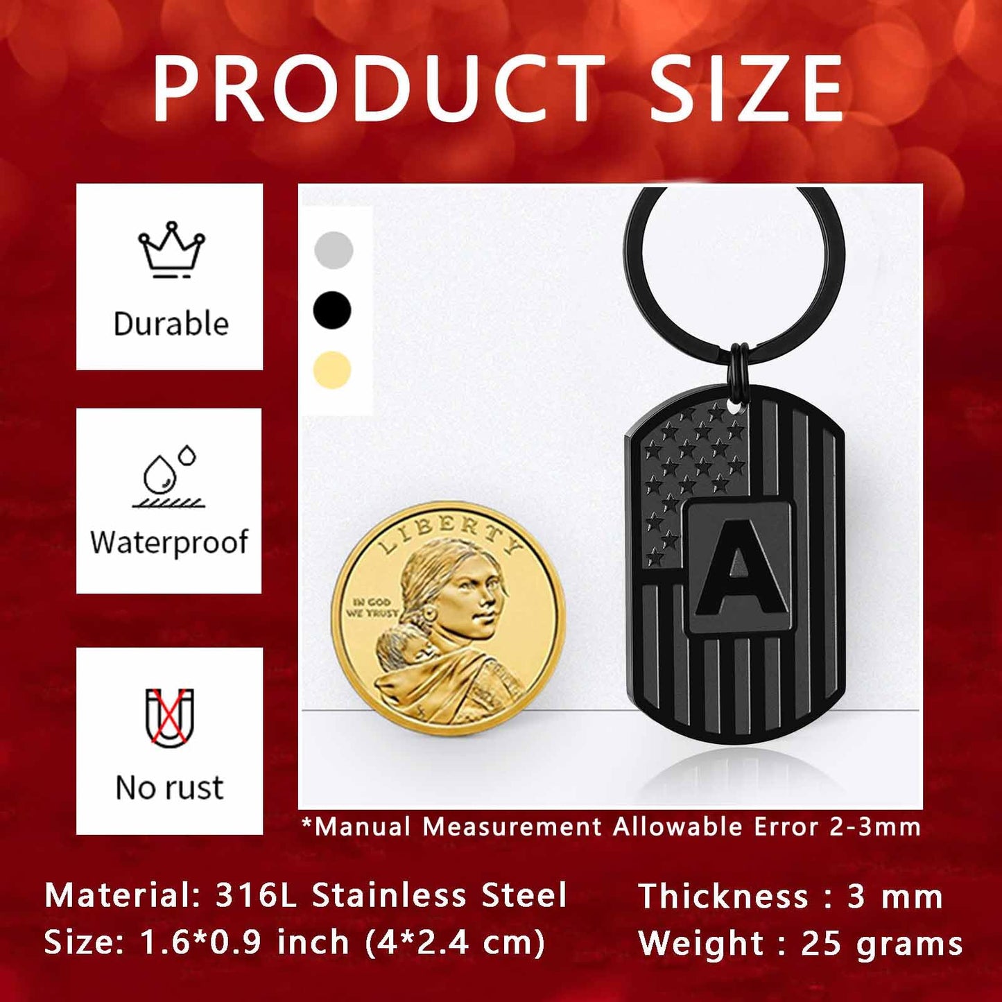 Miss Chipmunk Initial Keychain Gifts for Men,A-Z Letter American Flag Dog Tag Stainless Steel Keychain,Mens Accessories Gift (Black, Letter B)