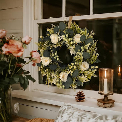 Spring Summer Wreaths for Front Door Artificial Rose Eucalyptus Berries Green Wreath Spring Summer Door Wreath for Farmhouse Wedding Festival Party Indoor Outdoor All Season Home Decor