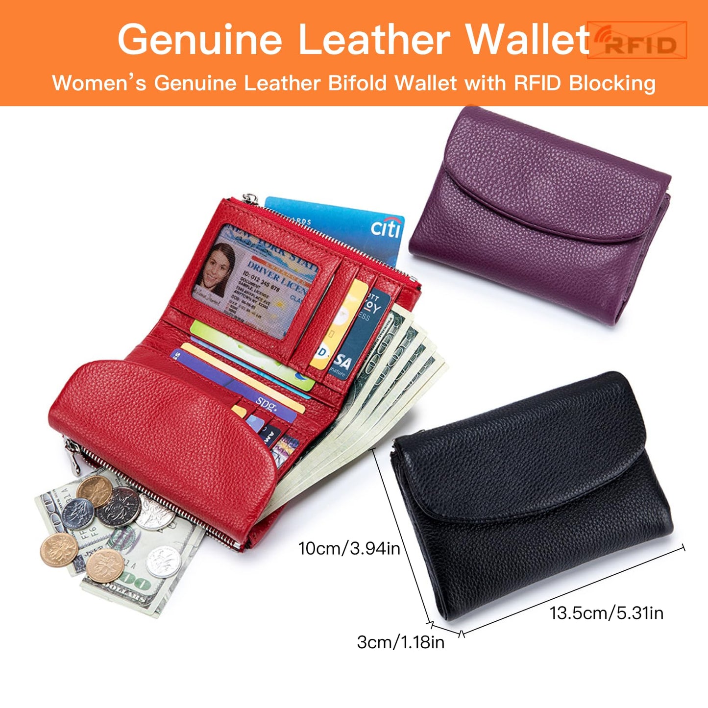 Genuine Leather Wallet for women, RFID Blocking Soft Leather Bifold Compact Card Holder Wallet with Zipper Coin Pocket ID Window (Black)