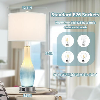 BesLowe 26in Tall Glass Table Lamps Set of 2 with 2 USB Charging Ports & LED Nightlight, Large Coastal Table Lamps for Living Room End Table, Modern Beach Lamps for Bedroom Bedside Nightstand, Blue