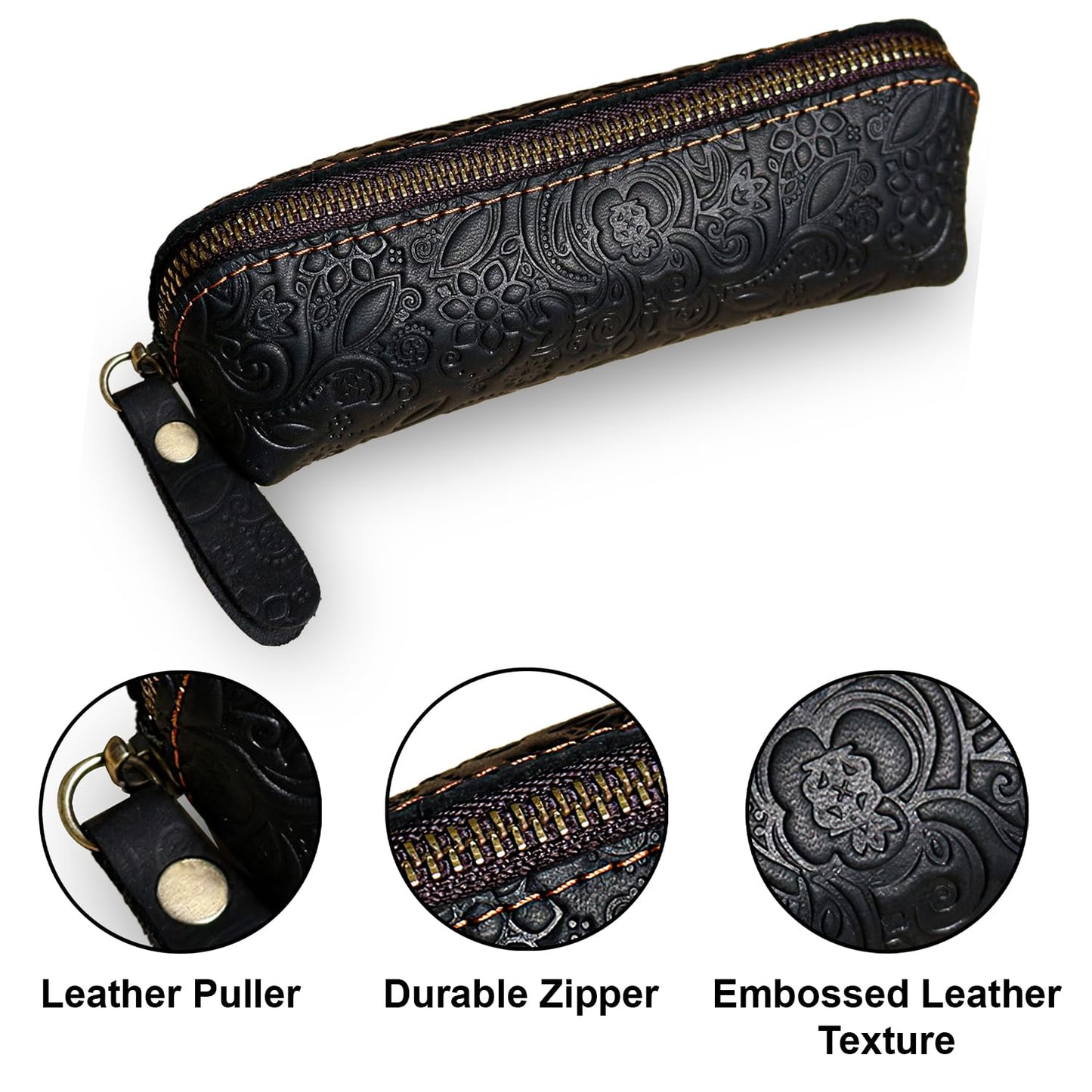 XQIGI Vintage Leather Pen Case, Handcrafted Genuine Leather Zippered Fountain Pen Pouch, Flower Makeup Holder Stationery Bag for Men and Women(Black)