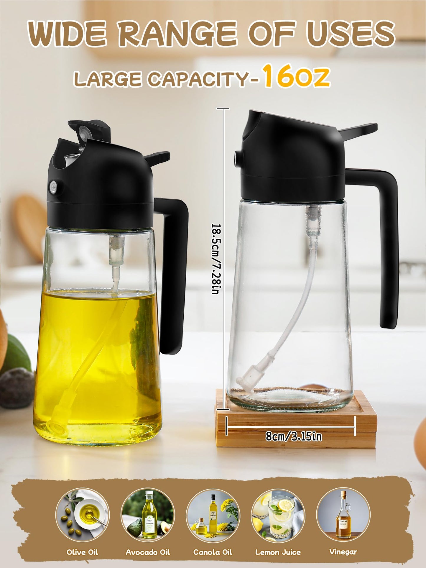 Oil Sprayer for Cooking 2pcs,2 in 1 Oil Dispenser and Oils Sprayer Kitchen Gadgets-16oz Glass Oils Spray Bottle,Mist Olive OilDispenser,Air Fryer,Salad,Grill (White Kitchen Accessories)