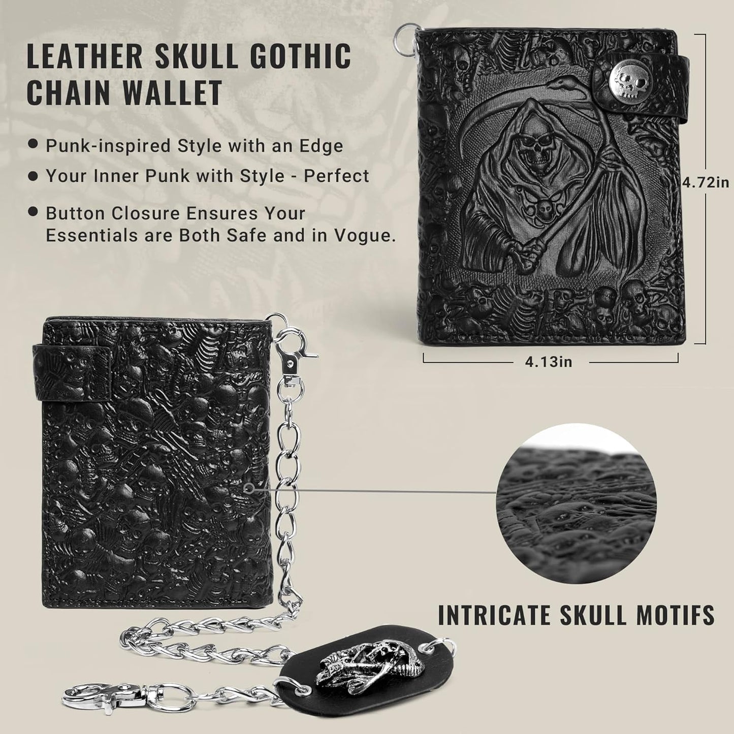ZEKEE Skull Gothic Chain Wallet Leather - Punk Bifold Halloween Goth Accessories | Unisex, Black