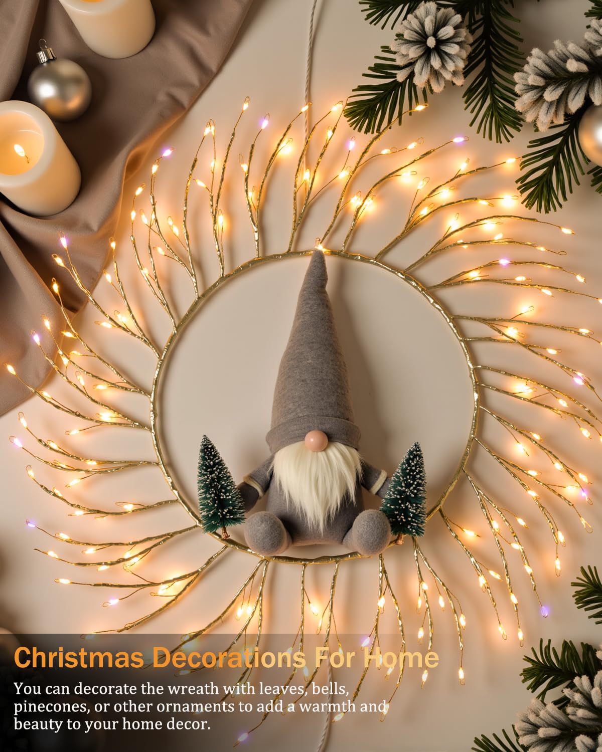 ooLALoo Pre-Lit Christmas Door Wreath Decorations, 22" Christmas Wreath with 260 LEDs Fairy Lights, USB Operated Window Lights Hanging for Front Door Wall Party Xmas Indoor Decor, Gold Twig