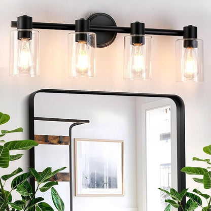 4 Light Bathroom Wall Light Fixtures Black Bathroom Wall Sconce with Clear Glass Lights Over Mirror Vanity Lights E26 Base