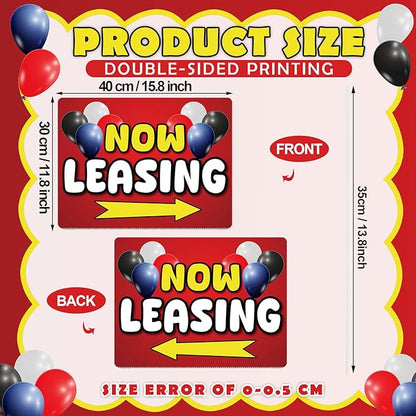 Ripeng 3 Pcs Leasing Double Sided Yard Signs with Arrow 16 x 12 Inch Yard Signs with Stakes for Outdoor Office Retail Store Restaurant Bar Hotel (Now Leasing)
