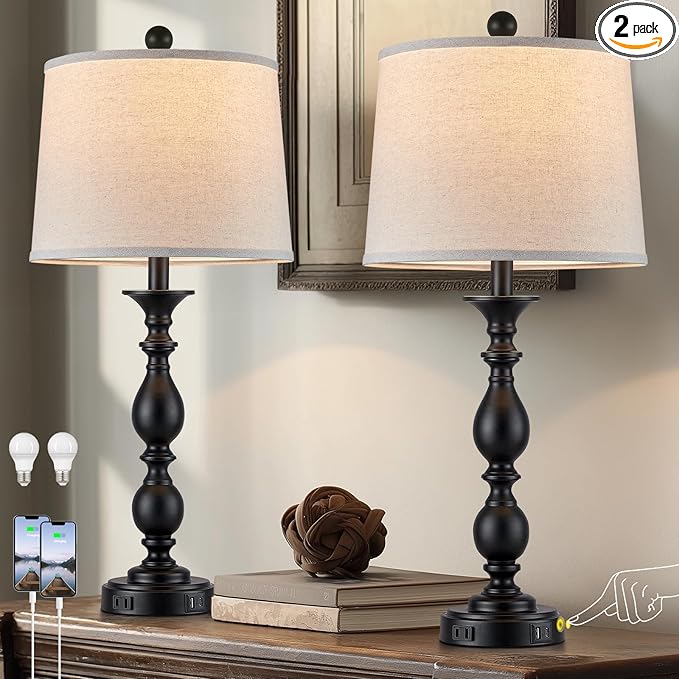 28" Tall Modern Table Lamps Set of 2 with USB C+A Ports and AC Outlet, 3 Way Touch Metal Bedside Lamps for Living Room, Black Farmhouse Nightstand Lamps for Bedroom