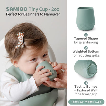 SAMiGO Silicone Baby Utensils - Self Feeding Spoons and Tiny Training Cup - First Stage Baby Led Weaning Supplies for 6 Months+ Infants - Set of 3