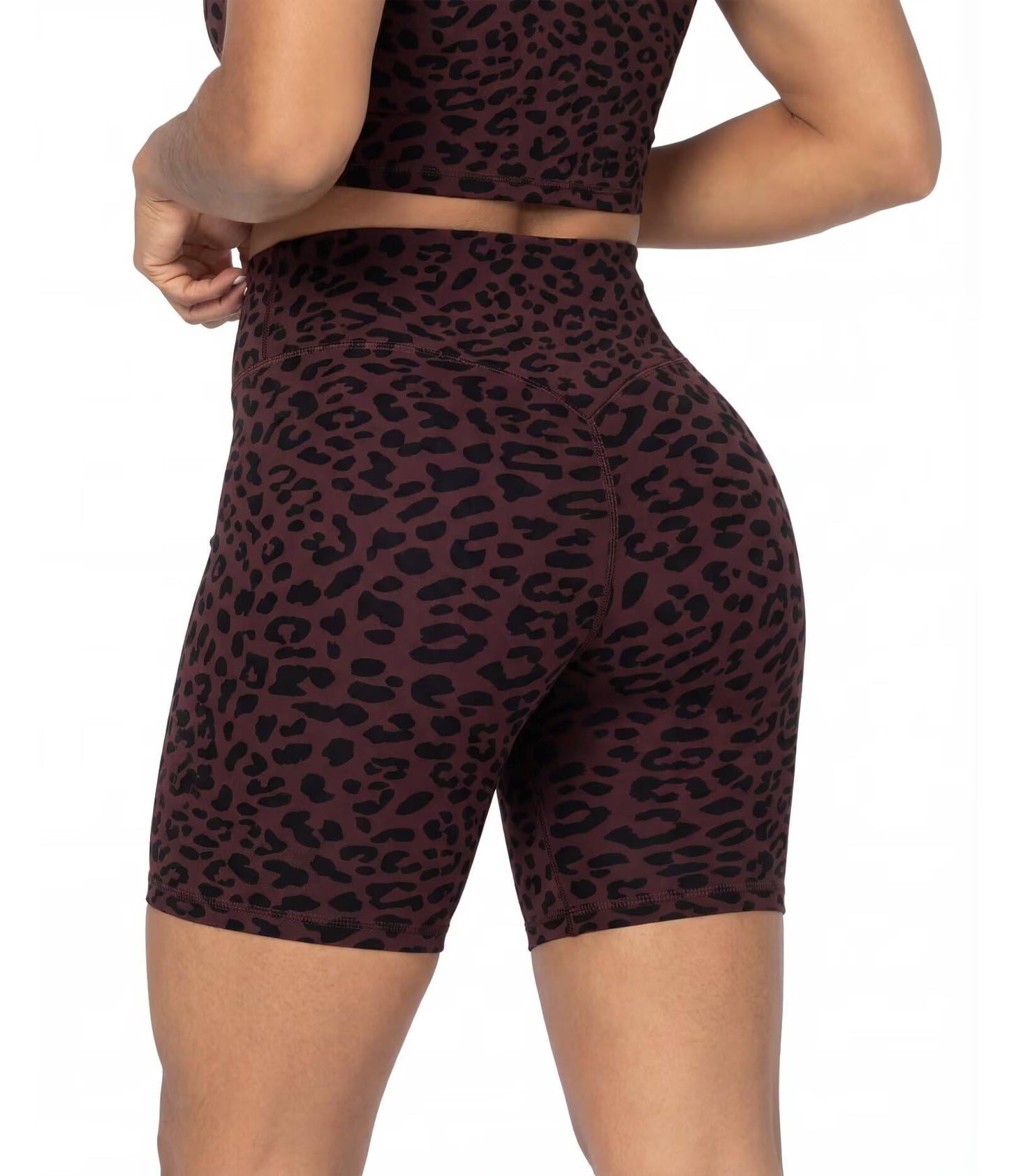 Sunzel 8" Waist Biker Shorts for Women No Front Seam Soft Yoga Workout Gym Bike Shorts Tummy Control Squat Proof Leopard Chocolate Brown Medium