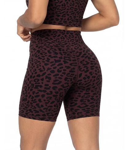 Sunzel 8" Waist Biker Shorts for Women No Front Seam Soft Yoga Workout Gym Bike Shorts Tummy Control Squat Proof Leopard Chocolate Brown Medium