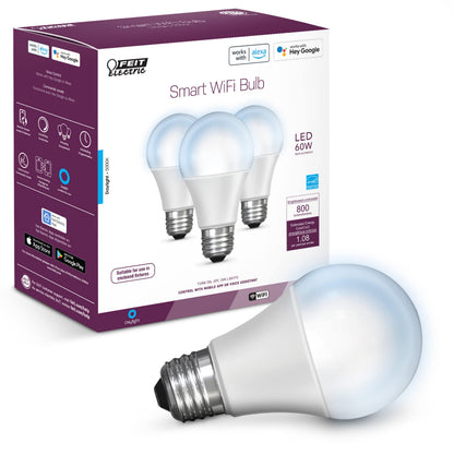 Feit Electric Smart Light Bulbs, 2.4Ghz WiFi Light Bulbs, No Hub Needed, Works with Alexa and Google, Dimmable 60 Watt = LED 9W, OM60/950CA/AG/3, 5000K Day Light, 3 Pack