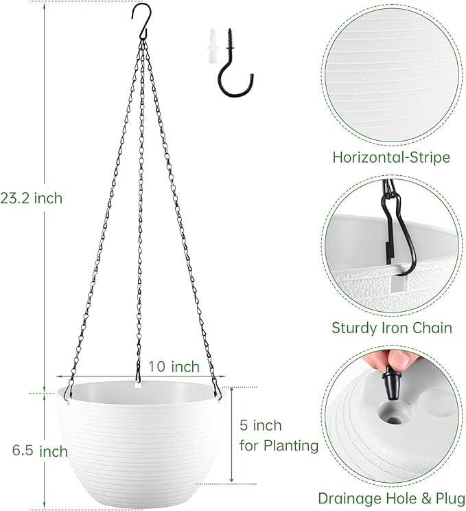 Set of 2 10 Inch Self Watering Hanging Planters for Indoor Outdoor Plants, Light Textured Hanging Baskets Flower Pots with Drainage Hole & Plug and 20" Chain Hanger