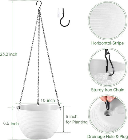 Set of 2 10 Inch Self Watering Hanging Planters for Indoor Outdoor Plants, Light Textured Hanging Baskets Flower Pots with Drainage Hole & Plug and 20" Chain Hanger