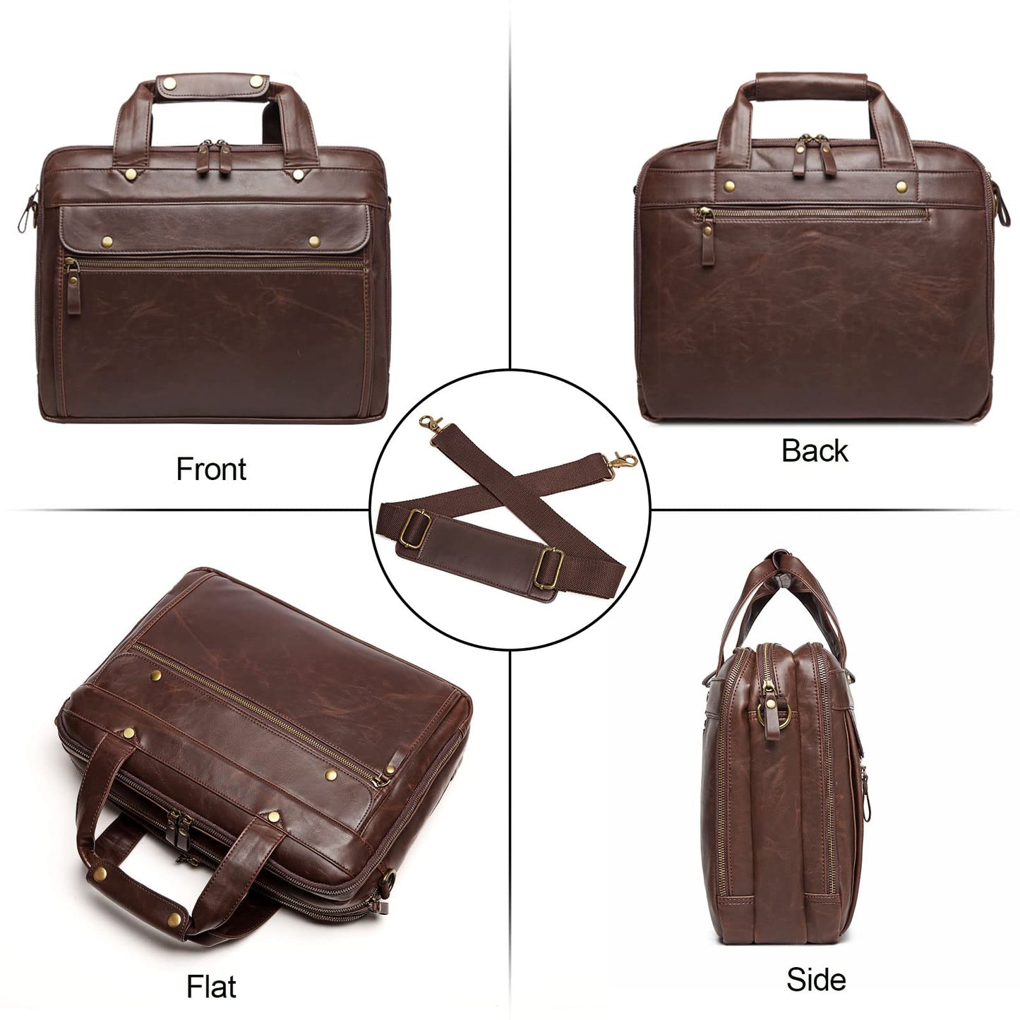 Bosidu Leather Briefcases for Men 15.6 Inch Laptop Messenger Bag with Triple Compartments Water-Resistant Computer Shoulder Bag for Business, Travel, Work, Office, Brown