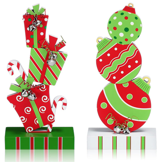 Amyhill 2 Pcs Christmas Table Decorations 5.9 Inch Wooden Xmas Centerpieces Red Green Gifts Box and Ball Ornaments Shape Christmas Signs Tabletop with Bells for Table Shelf Fireplace Holiday