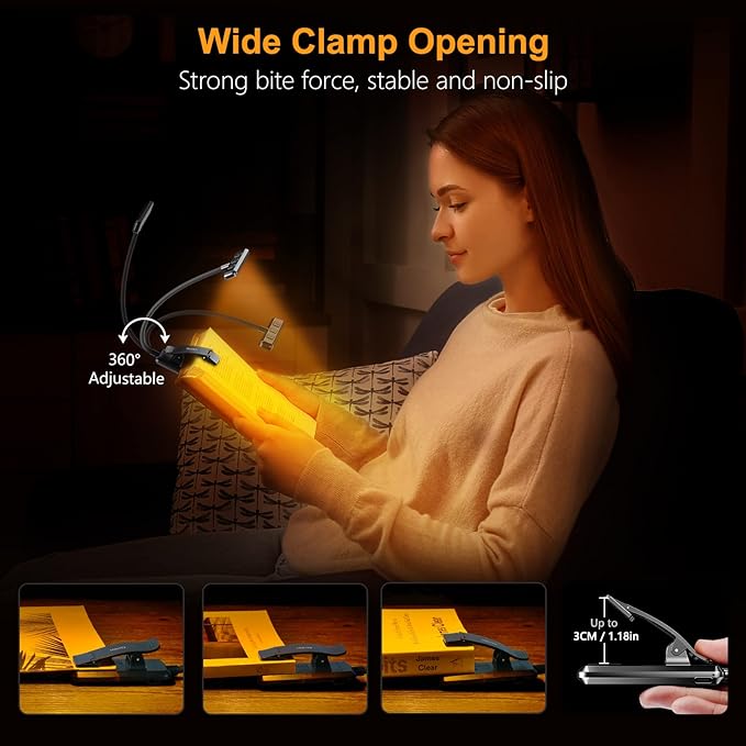 Gritin 19 LED Rechargeable Book Light for Reading in Bed with Memory Function- Eye Caring 3 Color Temperatures,Stepless Dimming Brightness,80 Hrs Runtime Lightweight Clip on Light for Book Lovers
