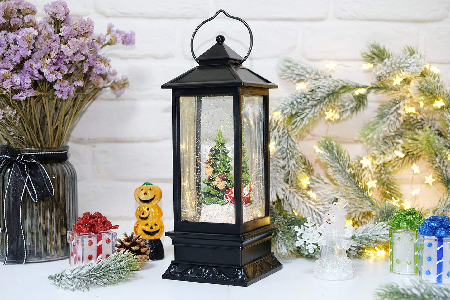 Wondise Lighted Musical Snow Globe Lantern with 6 Hour Timer, 12 Inches USB Powered & Battery Operated Spinning Water and Swirling Glitter Christmas Snow Globe Lantern Gifts(Santa and Tree)
