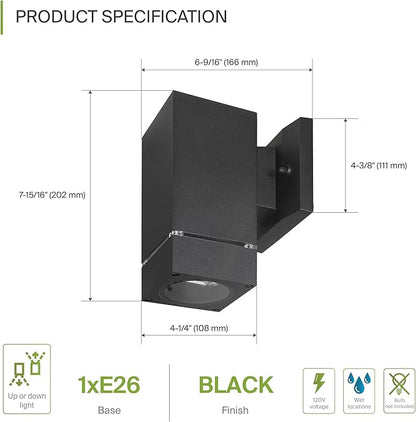 ASD 1 Light Square Outdoor Wall Light Fixture | 60W E26 Bulb Socket 120V ETL Cylinder Up Down Lights | LED/CFL/Incandescent Bulb Exterior Wall Sconce | Front Door, Porch Patio | Ringed Black