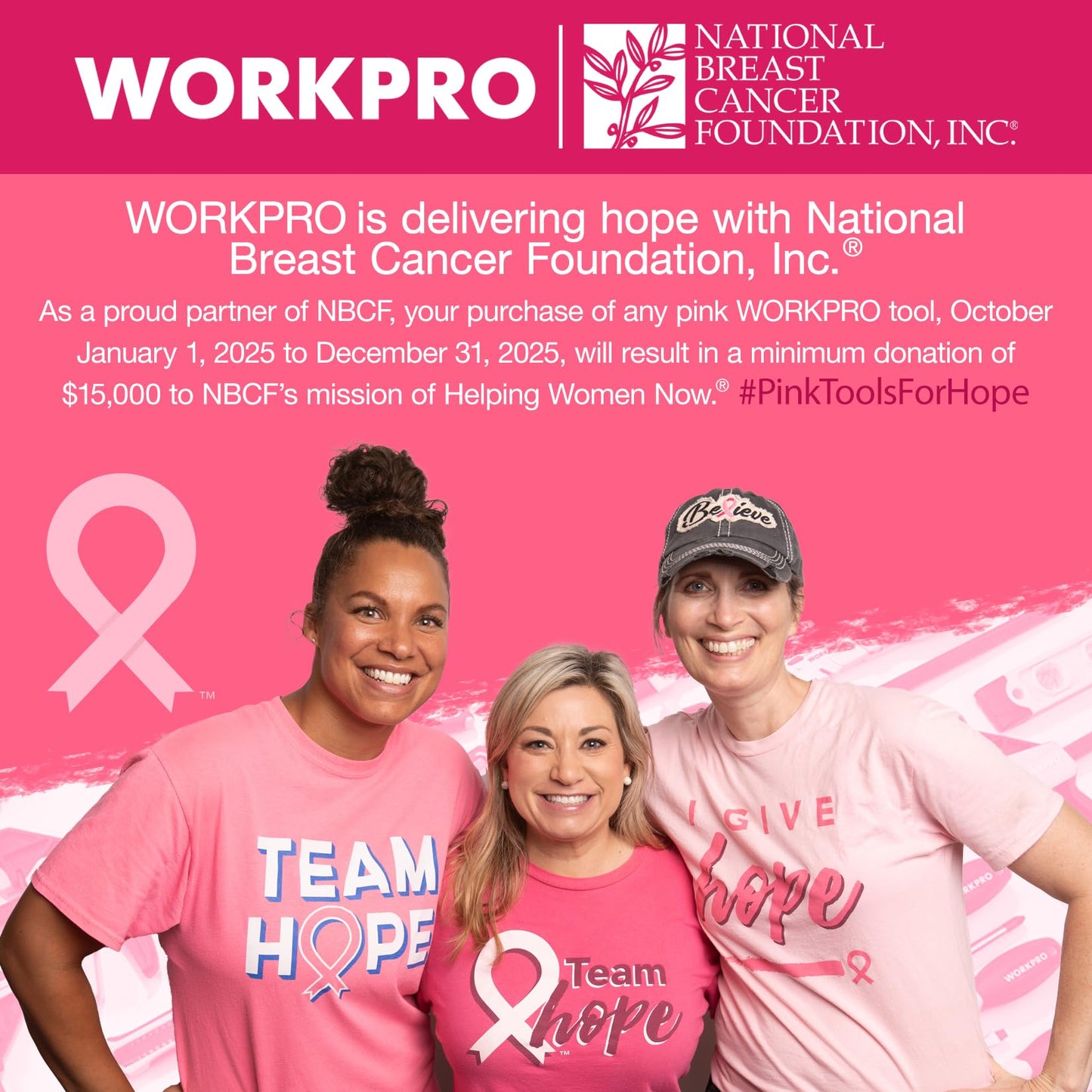 WORKPRO 20V Pink Cordless Drill Driver Set, 3/8” Keyless Chuck, 2.0 Ah Li-ion Battery, 1 Hour Fast Charger and 11-inch Storage Bag Included - Pink Ribbon
