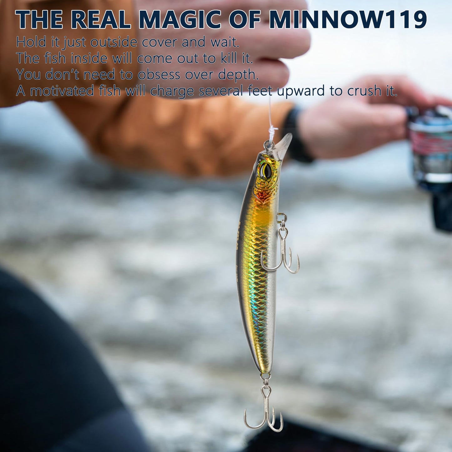 MYSOAS Jerkbait Fishing Lure Minnow 119S, Slow Sinking Saltwater Surf Fishing Lures with Tungsten Weight, Long Cast System, Through-Wire Construction, BKK 4X Hooks, for Halibut Striped Bass Surf Perch