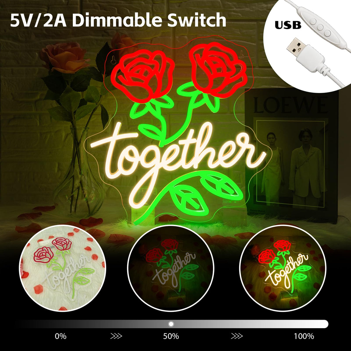 Looklight Together Neon Sign Wedding Neon Signs for Wall Decor Flower Light Happy Anniversary Sign Rose Wall Decor Led Lights for Anniversary Celebration Wedding Party Bedroom Home Decorations Gifts