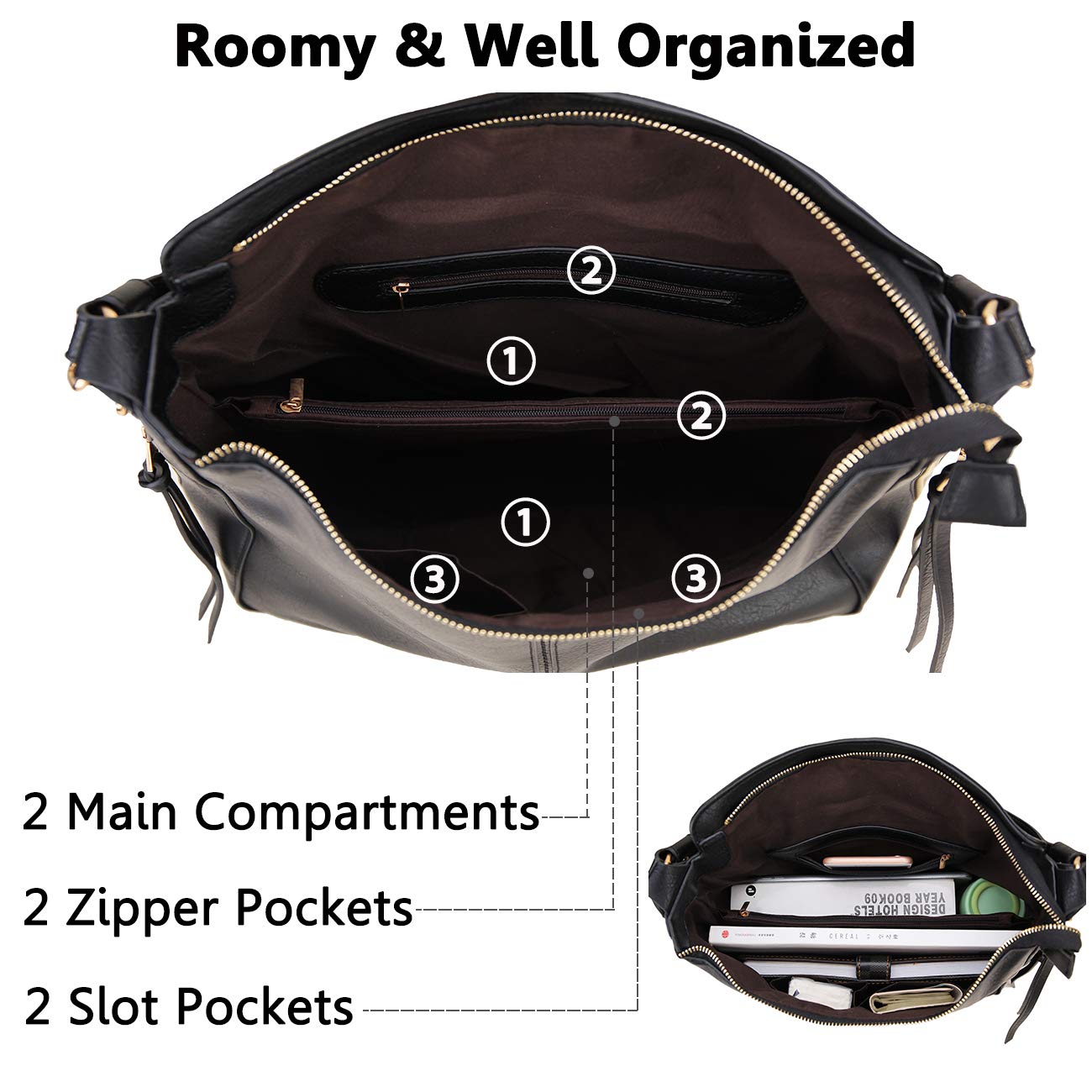 Hobo Bags for Women,VONXURY Faux Leather Tote Purse Ladies Handbag Large Shoulder Bags with Side Pockets for Work Travel,Black