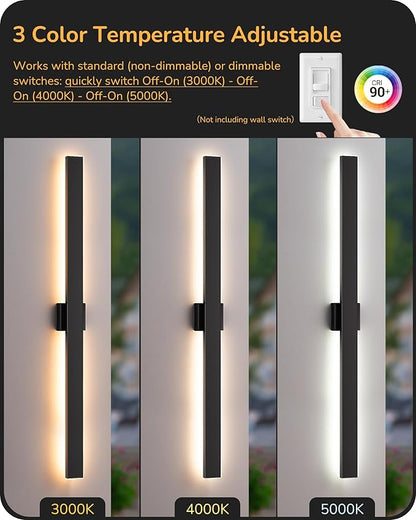 EDISHINE 47" LED Outdoor Wall Lights, 3CCT & 10%-100% Dimmable, IP65 Waterproof, Modern Exterior Lighting Fixtures, Linear Long Exterior Wall Light for House, Yard, 2 Pack, Black