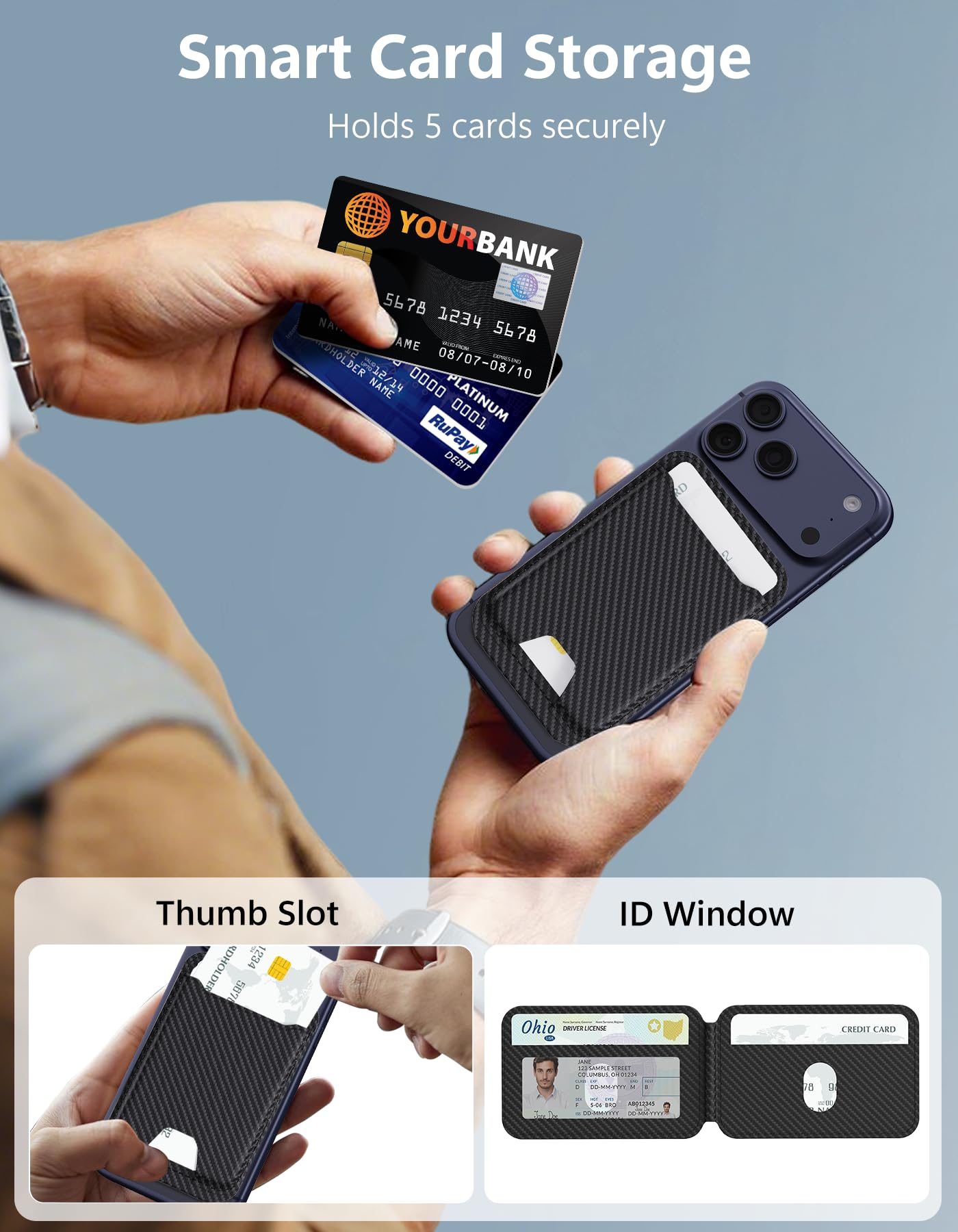 TopMade for MagSafe Wallet with Adjustable Stand, Magnetic Phone Card Holder for iPhone 17/16/15/14/13/12 Series, RFID Blocking Premium Leather, ID Window, Holds 5 Cards, Black Carbon Fiber
