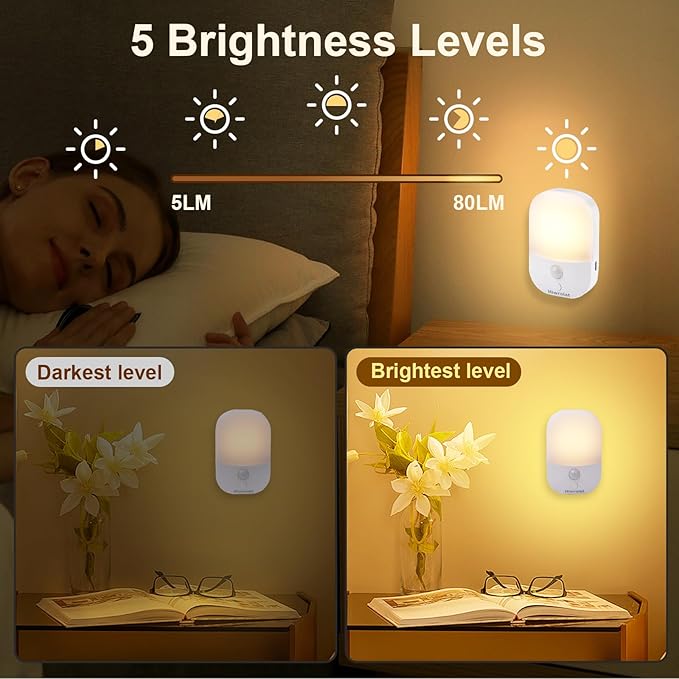 Night Light with Auto Motion Sensor, Rechargeable Battery, Type-C LED Stick-On Closet Light with Twilight Sensor, Adjustable Brightness, Warm White for Wall, Hallway, Stairs, Cabinet (2 Pack)