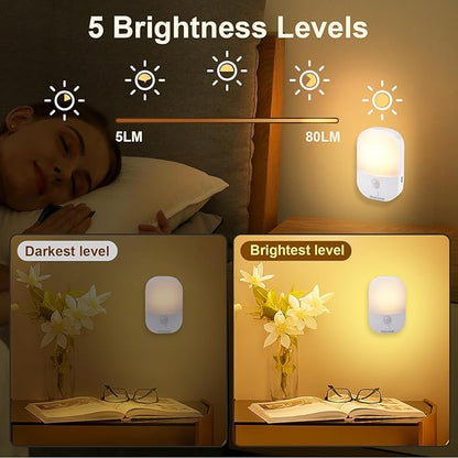 Night Light with Auto Motion Sensor, Rechargeable Battery, Type-C LED Stick-On Closet Light with Twilight Sensor, Adjustable Brightness, Warm White for Wall, Hallway, Stairs, Cabinet (2 Pack)