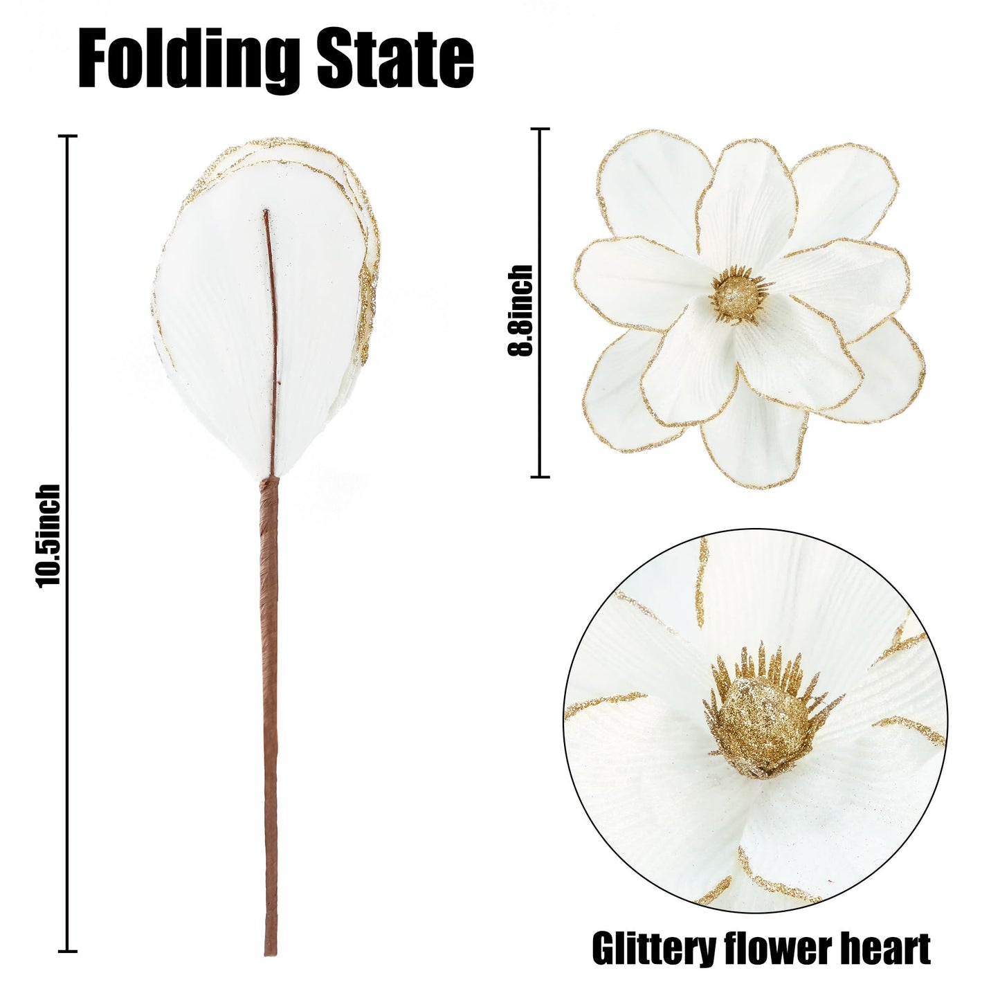 Sggvecsy 10Pcs Christmas Glitter Flowers Velvet Magnolia Flower Christmas Tree Ornaments Artificial Poinsettia Floral Picks for Xmas Wedding DIY Crafts Wreath Party Floral Decorations(White)