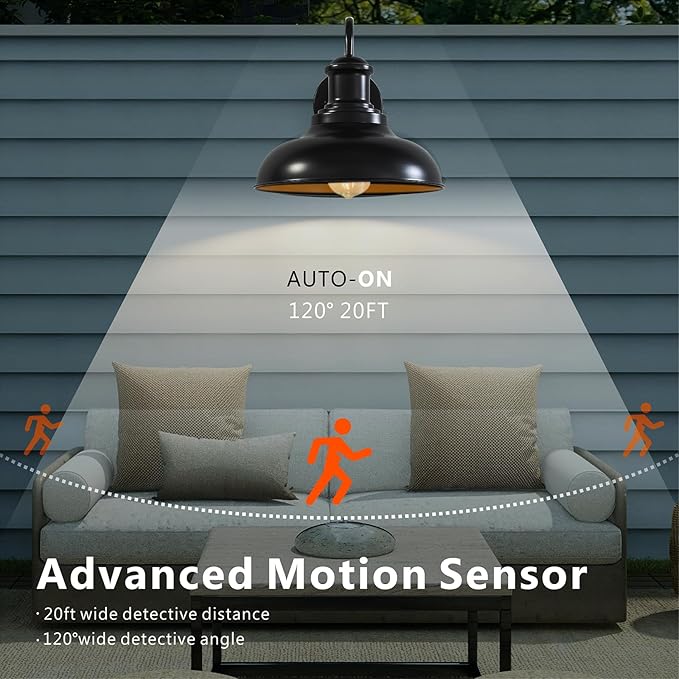 Motion Sensor Outdoor Lights,12inch Large Exterior Farmhouse Wall Mounted Lamp,E26 Barn Lights with Gooseneck,Vintage Matte Black Outside Sconce,Anti-Rust Waterproof Porch Light for House Garage