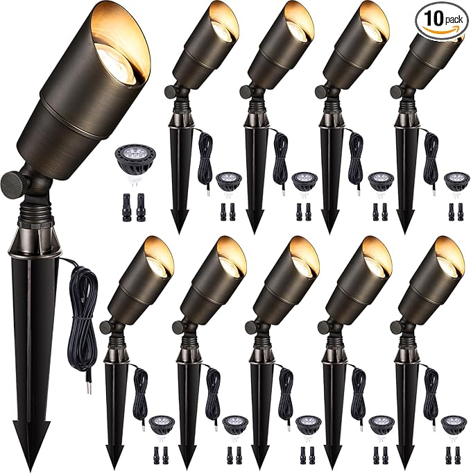 Gardenreet LED Low Voltage Spotlight - 12V AC/DC Bronze Outdoor Light Fixture, Brass Landscape Lights Hardwired, Weather Proof for Wall Wash Flag with Cool Light MR16 Removable Bulbs (10 Pack)