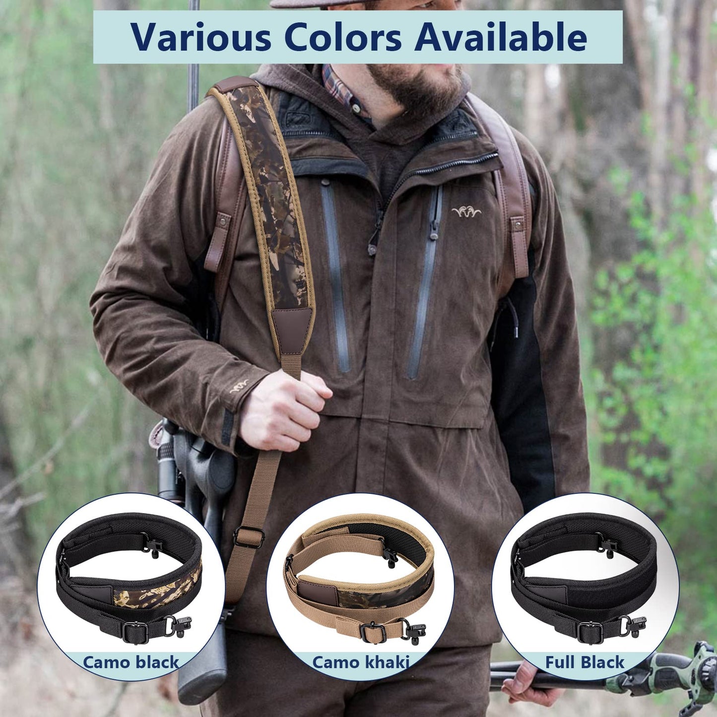 EZshoot Rifle Sling Shotgun Sling with Swivels, Gun Sling Comfortable Neoprene Padded, Two Point Sling Rifle Strap Shoulder Length Adjustable for Outdoors Camo Khaki