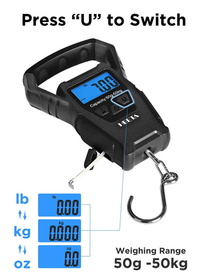 HEETA Waterproof Fish Scale Digital with Backlit LCD Display, 110lb/50kg Portable Hanging Scale Fishing Scale for Home and Outdoor, Measuring Tape and 2 AAA Batteries Included (Black)